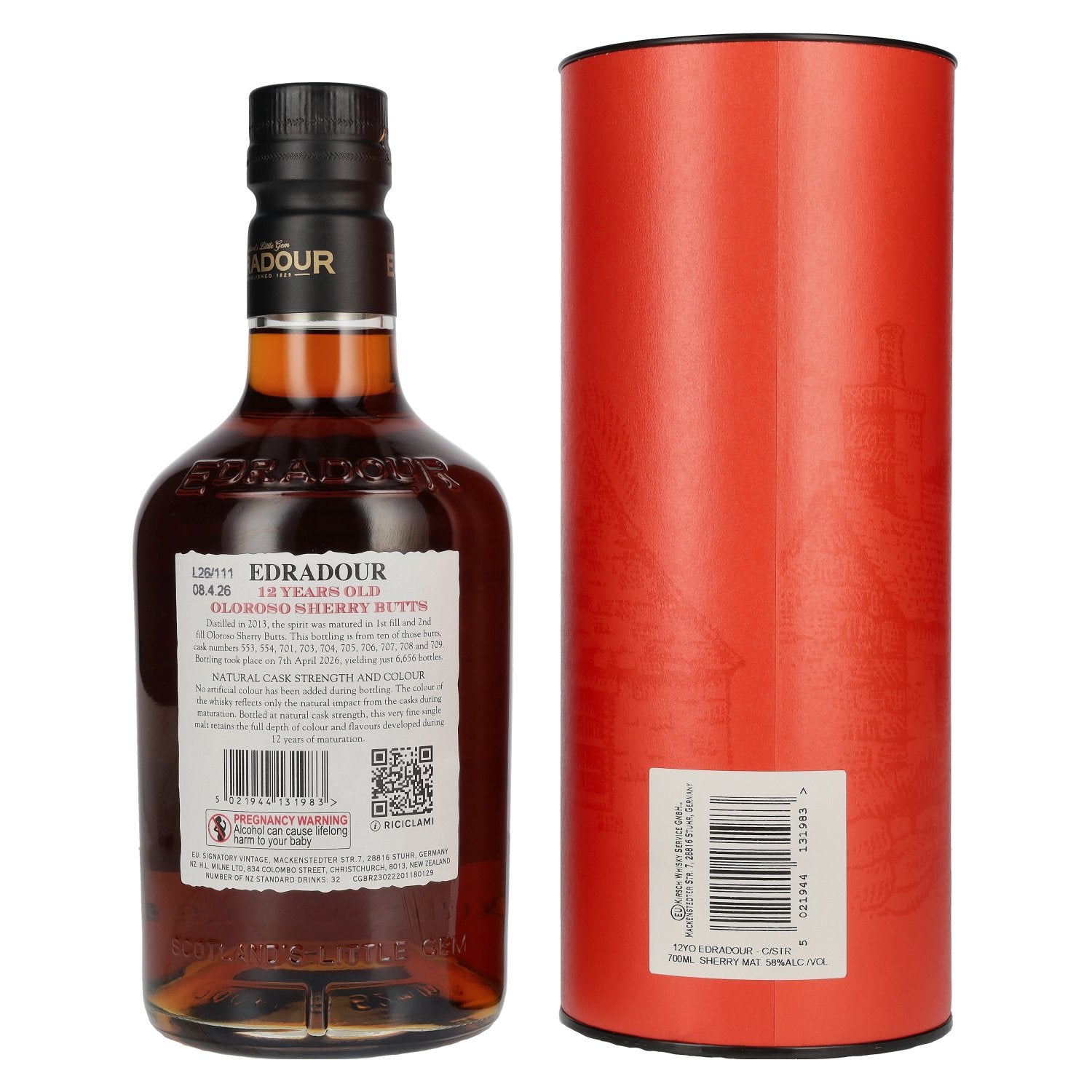 Edradour Whisky single malt 12 ans d'âge, vieilli en fûts de sherry Oloroso, à la force du fût n° 8, 58 % vol., 0,7 l, dans un coffret cadeau