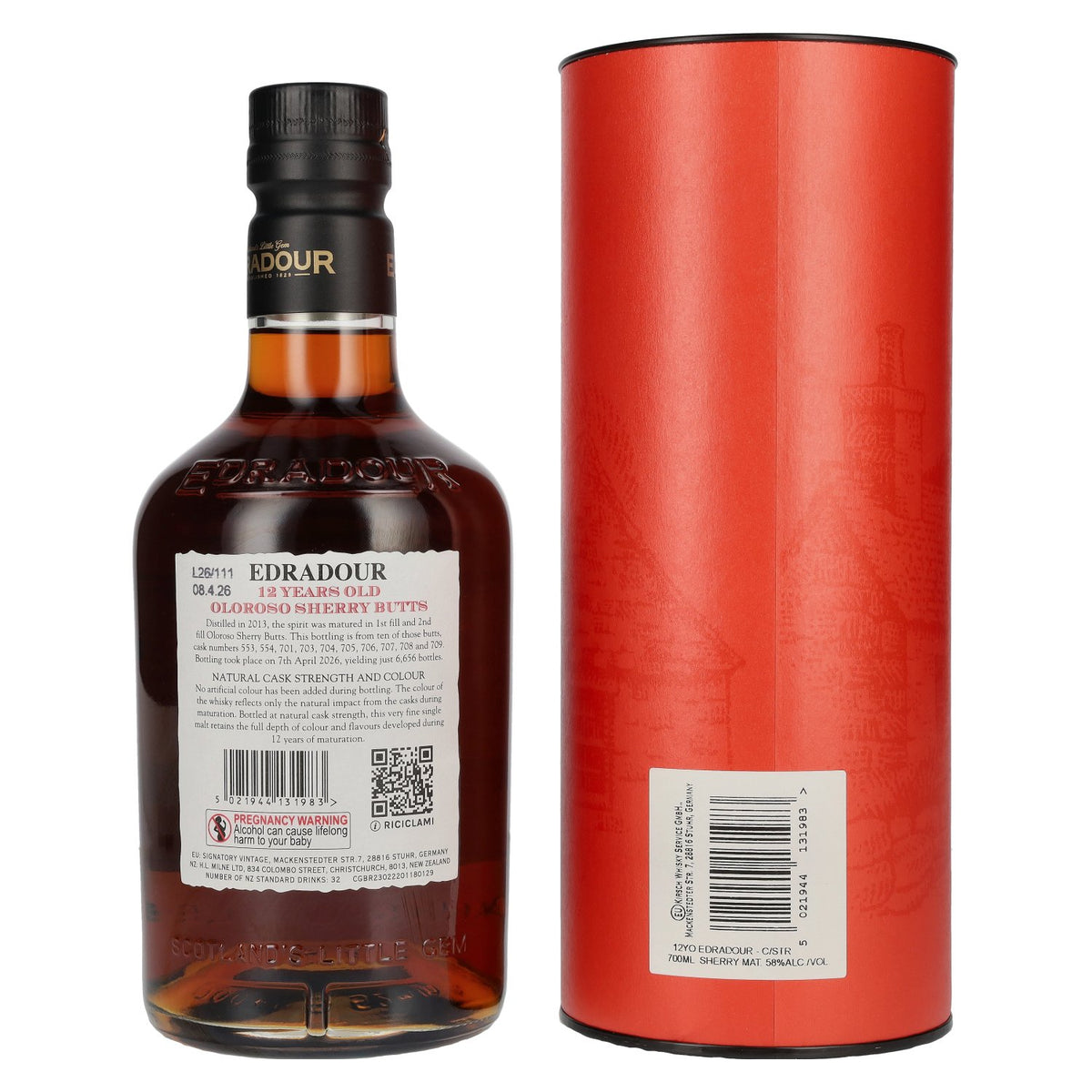 Edradour Whisky single malt 12 ans d'âge, vieilli en fûts de sherry Oloroso, à la force du fût n° 8, 58 % vol., 0,7 l, dans un coffret cadeau
