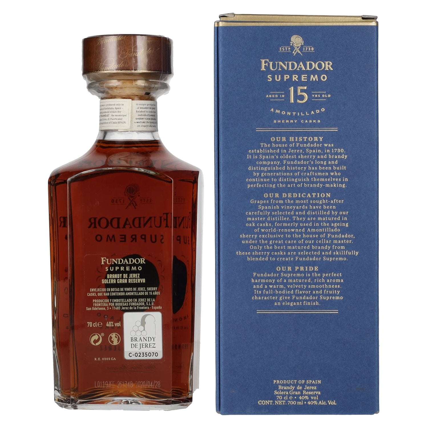 Fundador Supremo 15 Years Old Sherry Casks Brandy de Jerez 40% Vol. 0,7l in Geschenkbox