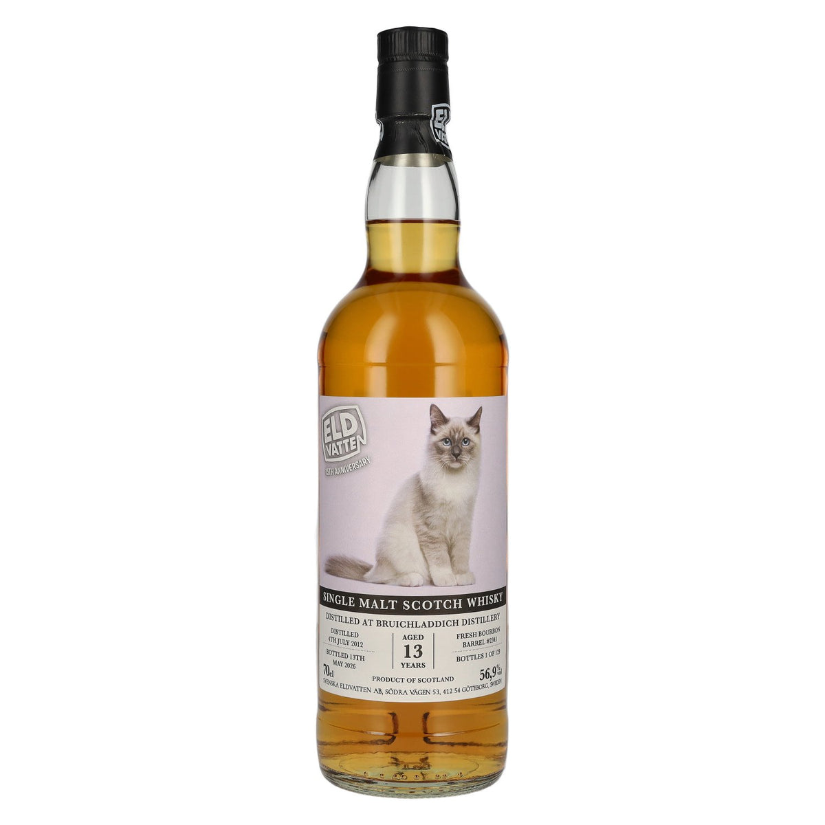 Eldvatten Svenska Bruichladdich 13 ans d'âge, single malt, étiquette « Cat », fût n° 2341, 2012, 56,9 % vol., 0,7 l