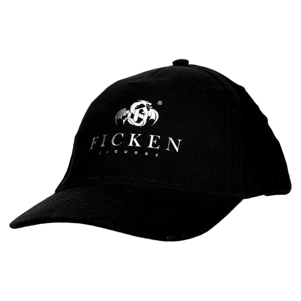 Ficken Liquors cap with silver print, black