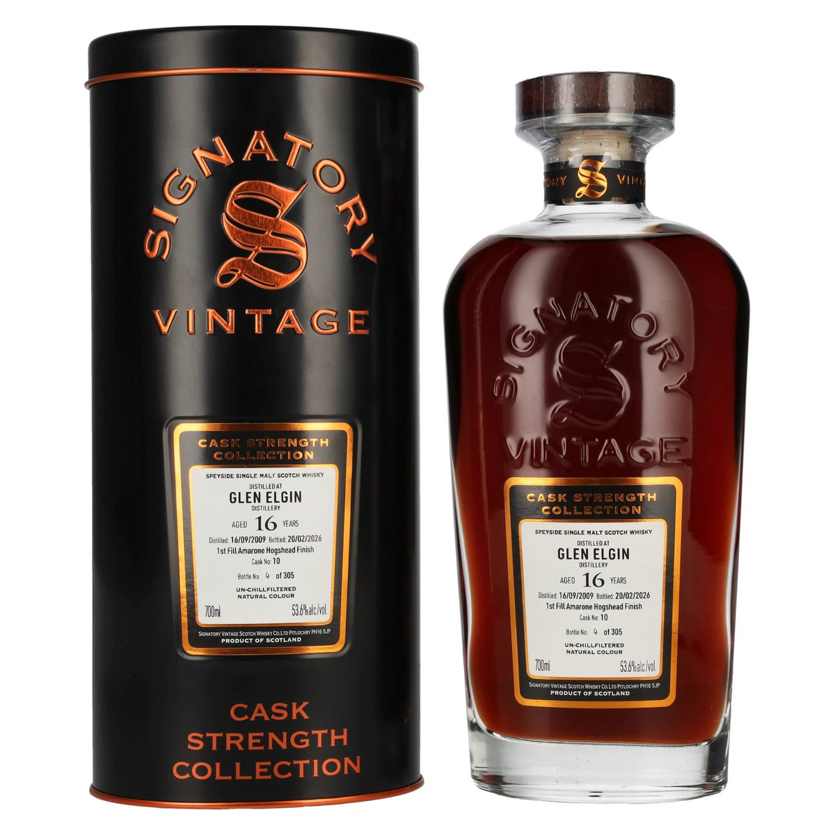 Signatory Vintage Glen Elgin 16 ans d'âge, collection « Cask Strength » n° 10, 2009, 53,6 % vol., 0,7 l, dans une boîte en fer-blanc