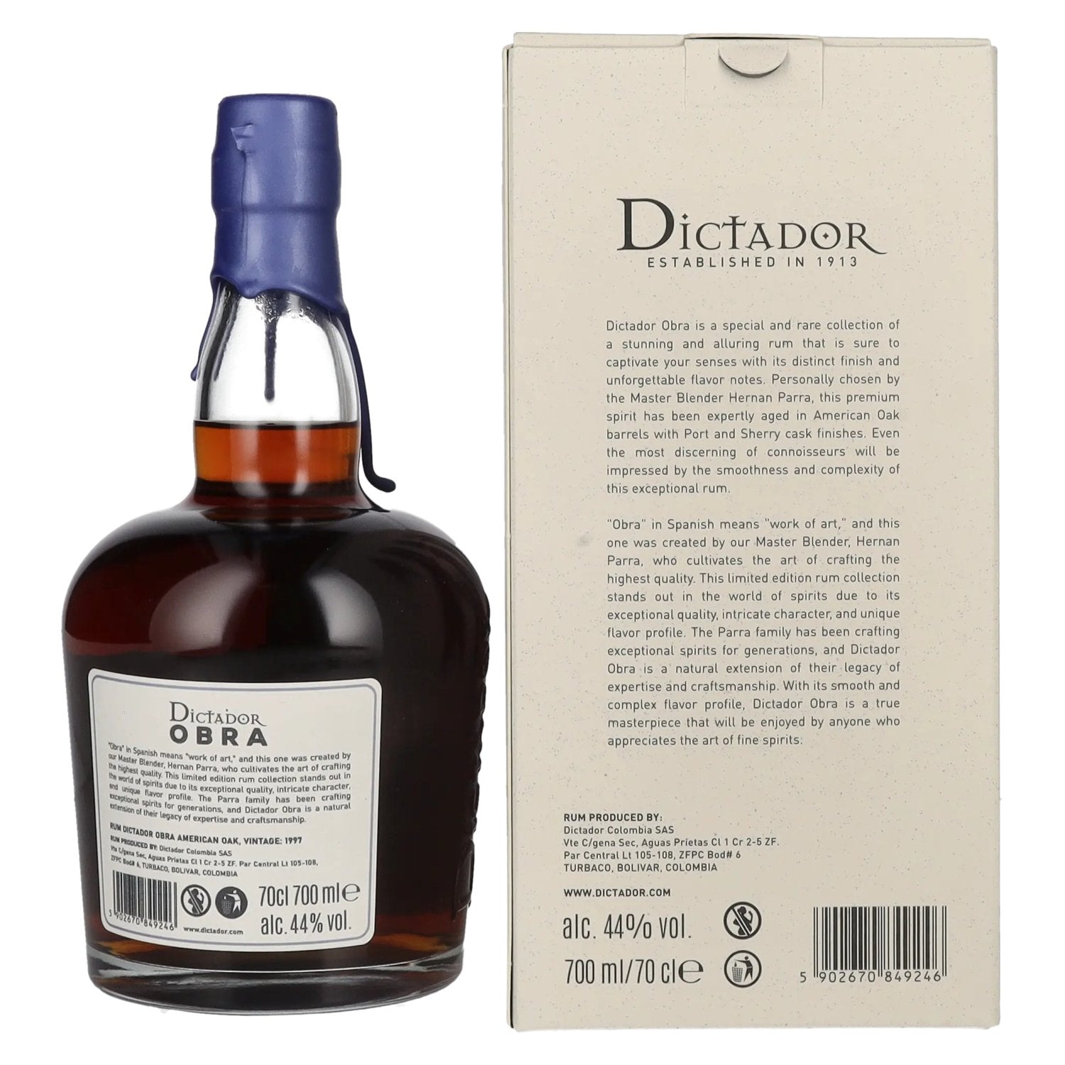 Dictador OBRA VINTAGE 26 Years Old AMERICAN OAK CASK Rum 1997 44% Vol. 0,7l en boîte cadeau