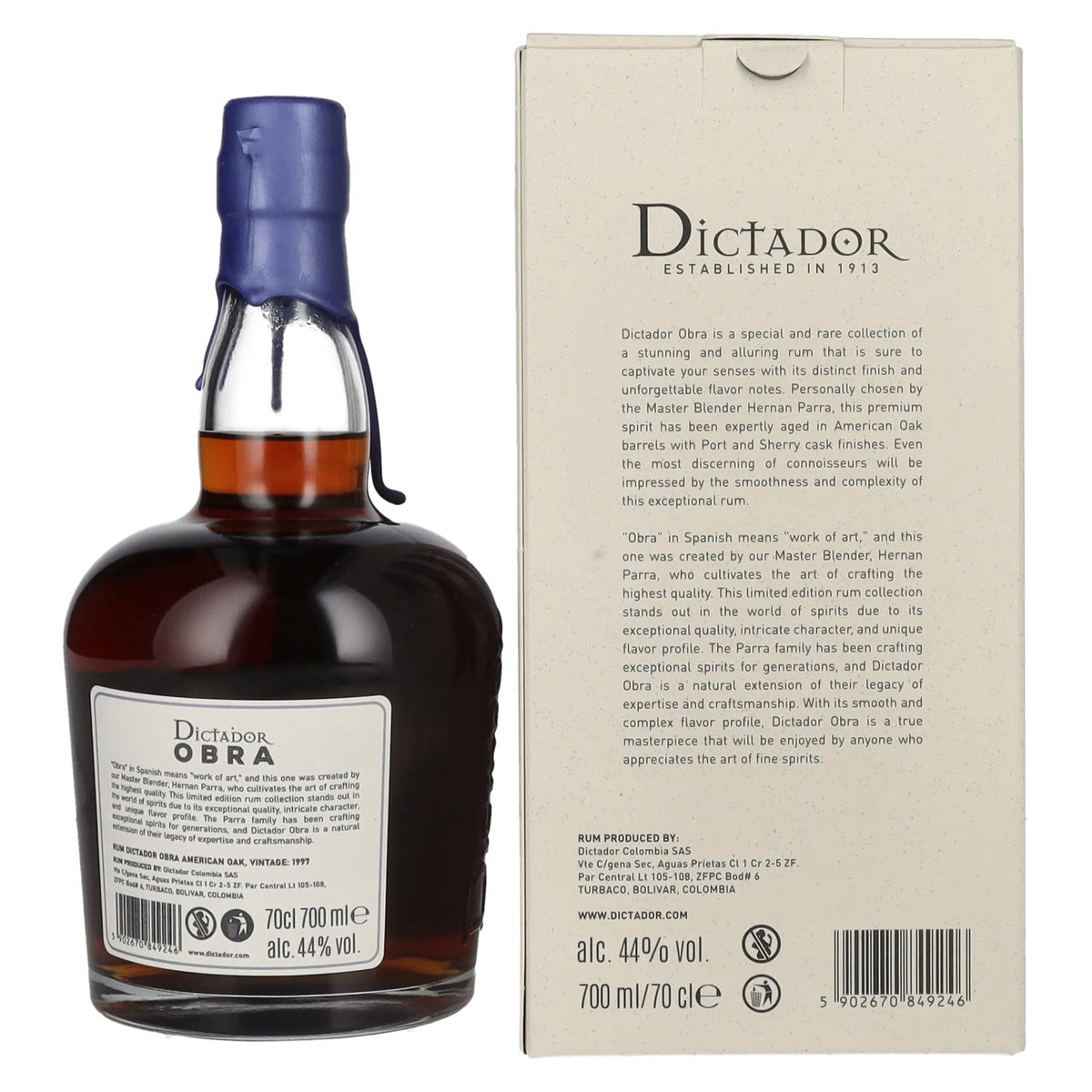 Dictador OBRA VINTAGE 26 Years Old AMERICAN OAK CASK Rum 1997 44% Vol. 0,7l in Geschenkbox