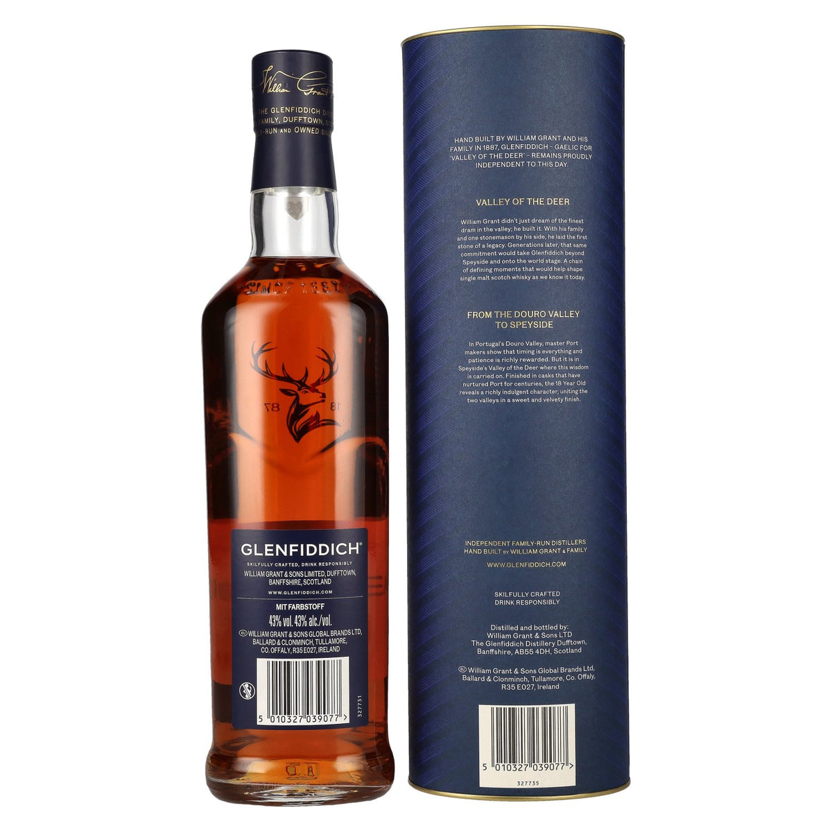 Glenfiddich 18 ans d'âge, vieilli en fûts de porto, single malt, édition exclusive pour les voyages, 43 % vol., 0,7 l, dans un coffret cadeau