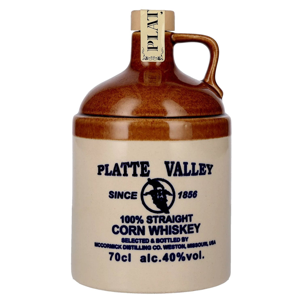 Platte Valley Corn Whiskey 3 Years Old 40% Vol. 0,7l in a clay jug