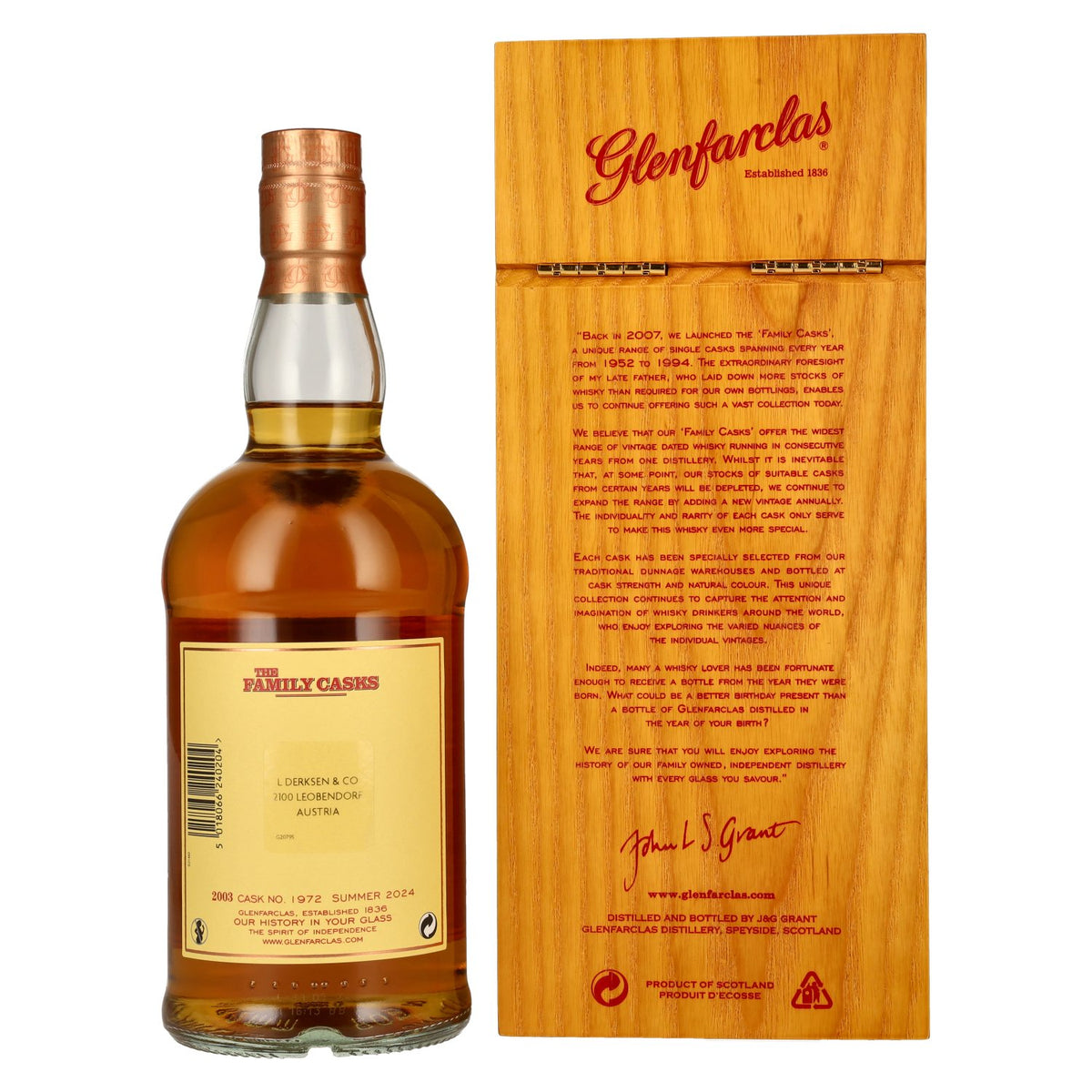 Glenfarclas THE FAMILY CASKS Single Cask SUMMER 2024 Plain Butt #1972 2003 55,5% Vol. 0,7l in wooden box