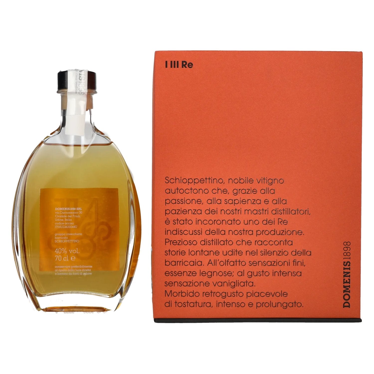 Domenis 1898 I III RE SCHIOPPETTINO grappa invecchiata barricata 40% vol. 0,7l en coffret cadeau