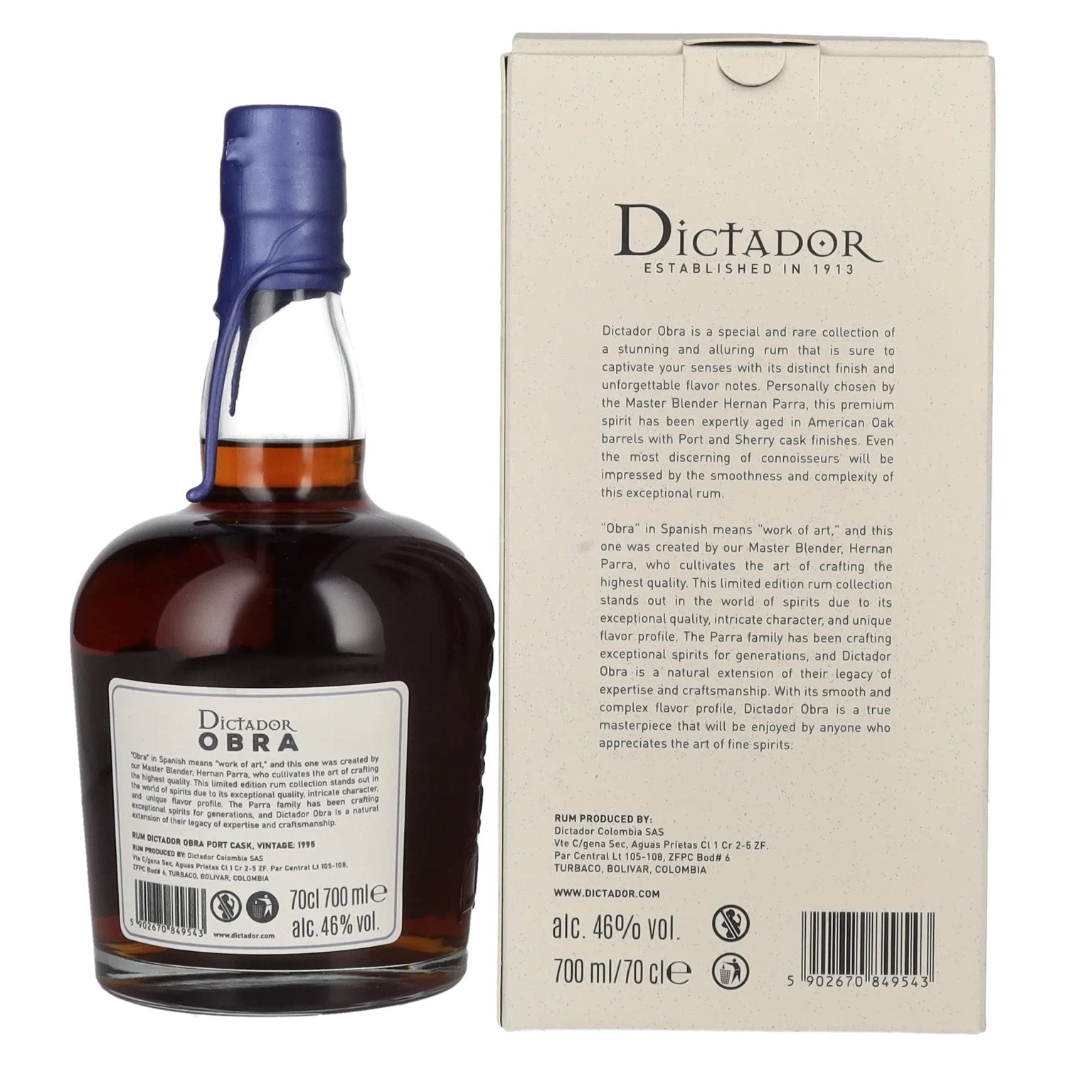 Dictador OBRA VINTAGE 28 Years Old Port CASK Rum 1995 46% Vol. 0,7l en boîte cadeau