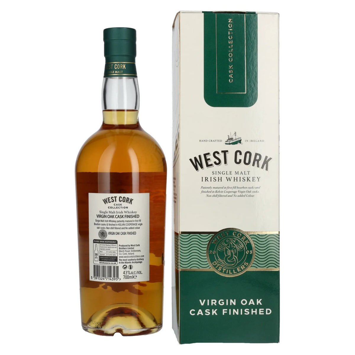 West Cork Single Malt Irish Whiskey VIRGIN OAK CASK FINISHED 43% vol. 0,7l en coffret cadeau