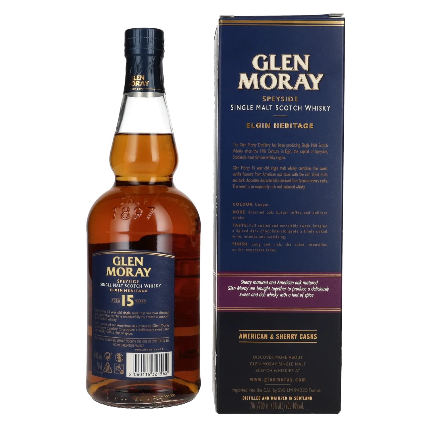 Glen Moray 15 Years Old Bourbon & Sherry Cask Speyside Single Malt 40% Vol. 0,7l in Geschenkbox
