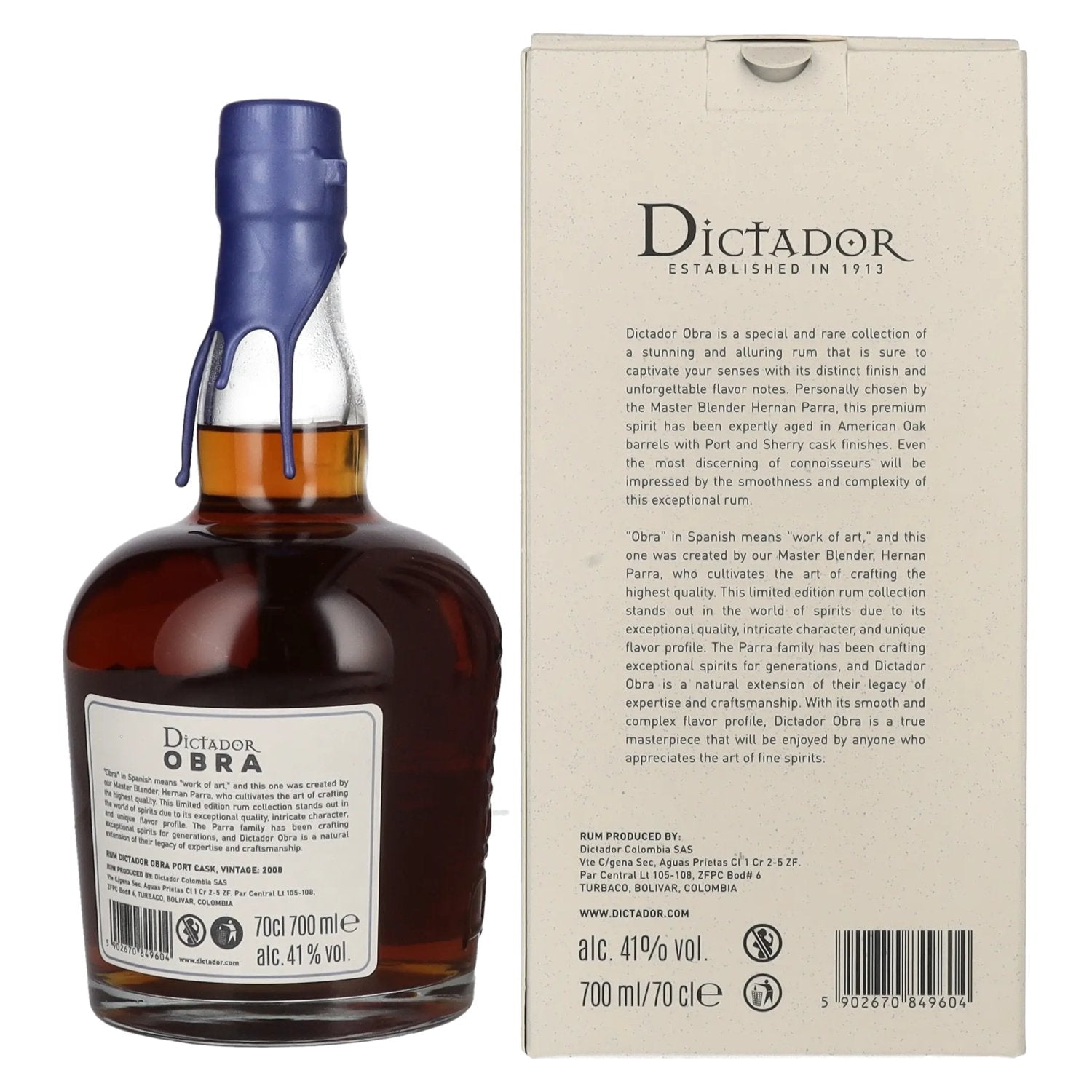 Dictador OBRA VINTAGE 15 Years Old PORT CASK Rum 2008 41% Vol. 0,7l in Geschenkbox