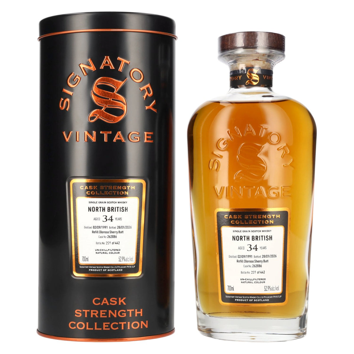 Signatory Vintage NORTH BRITISH 34 Years Old Refill Oloroso Cask Strength #262086 1991 52,9% Vol. 0,7l in Tinbox