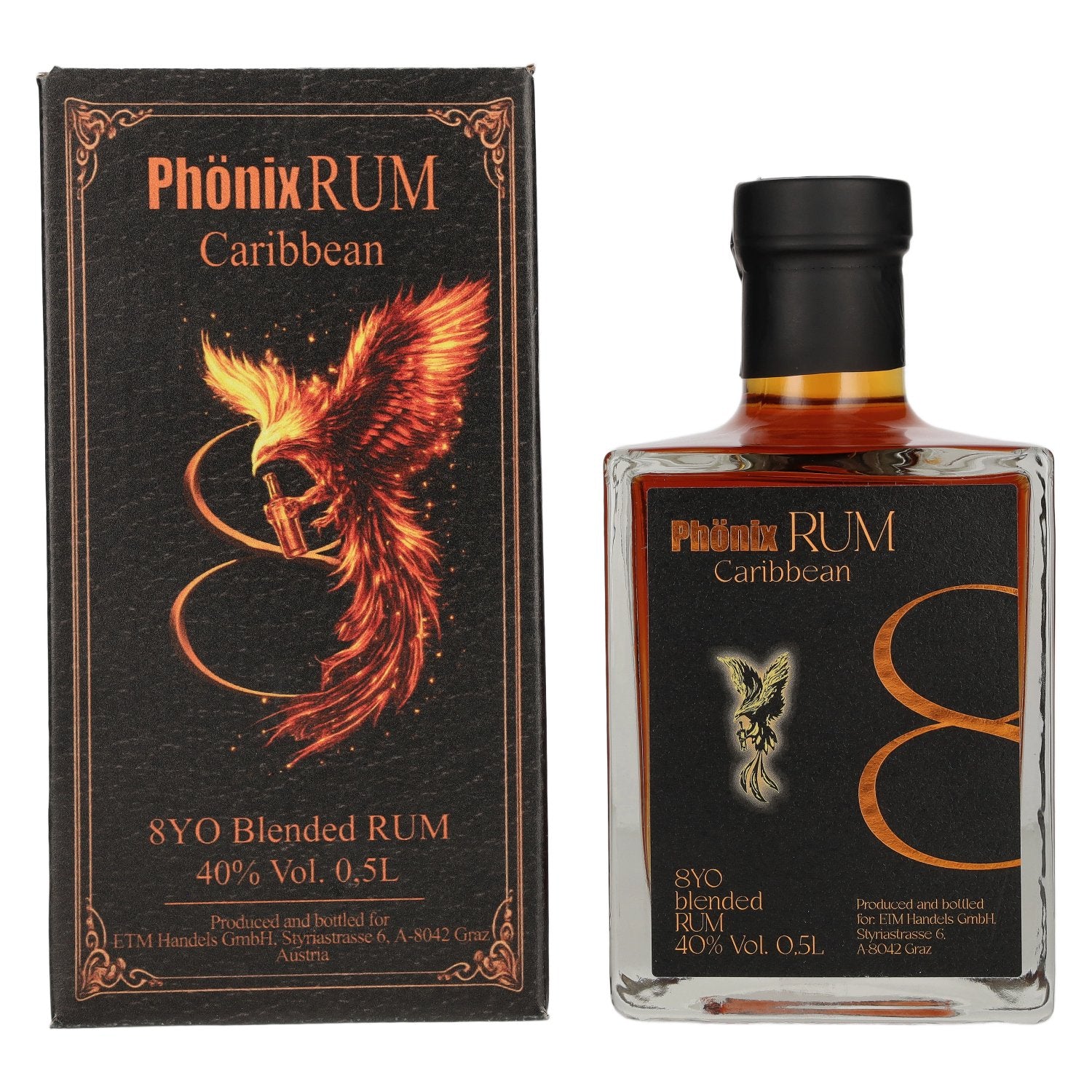 Phönix 8 Years Old Blended Caribbean Rum Black Design 40% Vol. 0,5l in Geschenkbox