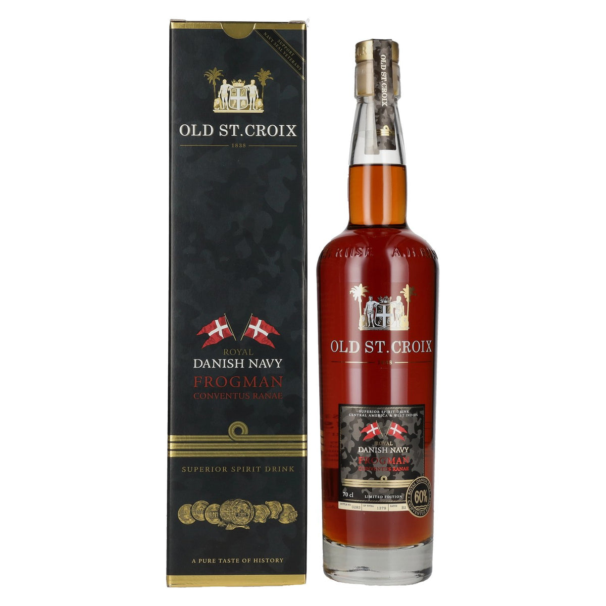 Old St. Croix A.H. Riise Royal DANISH NAVY FROGMAN Conventus Ranae Superior Spirit Drink 60% Vol. 0,7l in gift box
