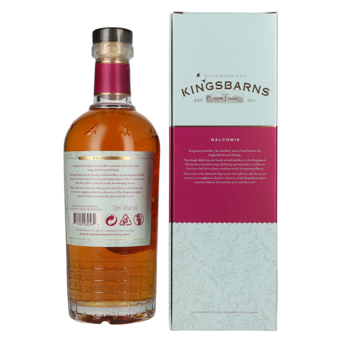 Whisky écossais single malt Kingsbarns BALCOMIE des Lowlands, 46 % vol., 0,7 l, dans un coffret cadeau