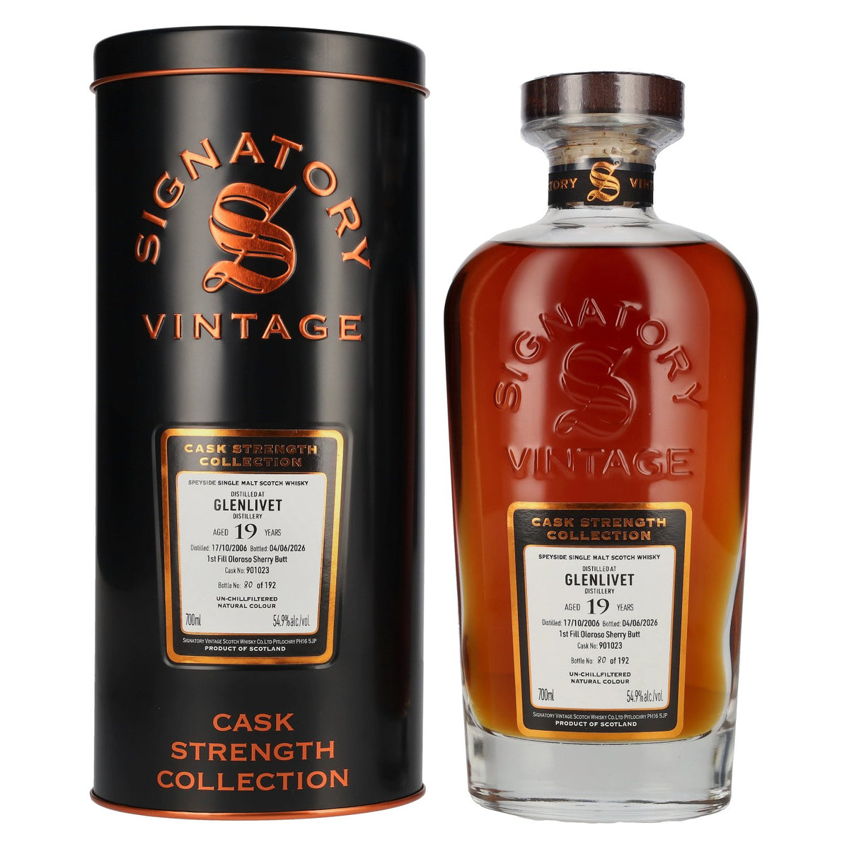 Signatory Vintage GLENLIVET 19 ans d'âge, collection « Cask Strength » n° 901023, 2006, 54,9 % vol., 0,7 l, dans une boîte en fer-blanc