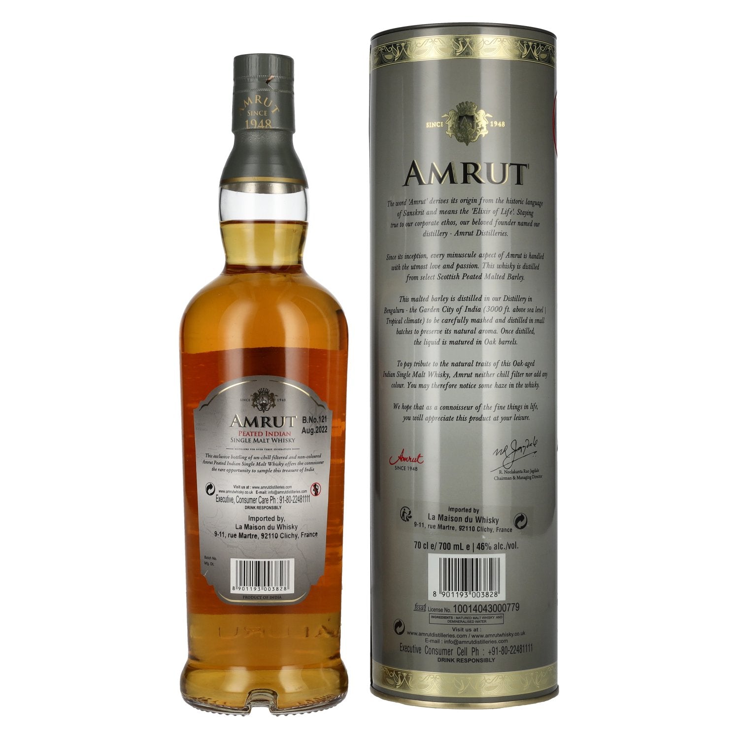 Amrut PEATED Indian Single Malt Whisky 46% Vol. 0,7l en Tinbox