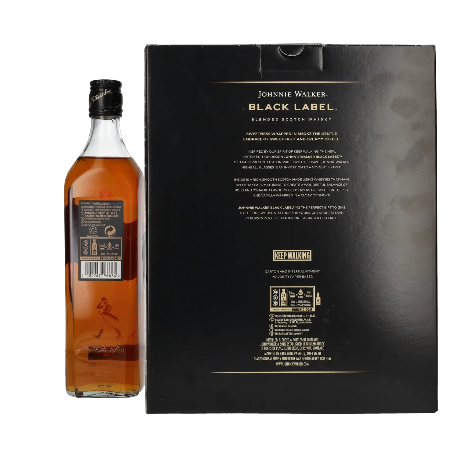 Johnnie Walker BLACK LABEL 12 Years Old Blended Scotch Whisky 40% Vol. 0,7l in Geschenkbox mit 2 Highballgläsern