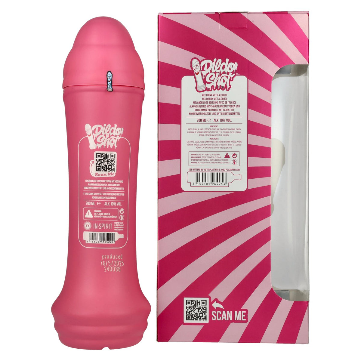 Dildo Shot à base de vodka au parfum de chewing-gum, 10 % vol., 0,7 l, dans un coffret cadeau avec 2 verres