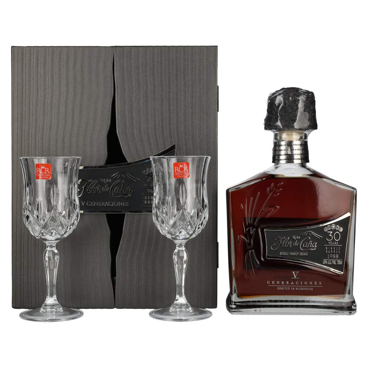 Flor de Caña 30 Years Old V Generaciones Single Barrel 1988 45% Vol. 0,7l in gift box with 2 stemmed glasses