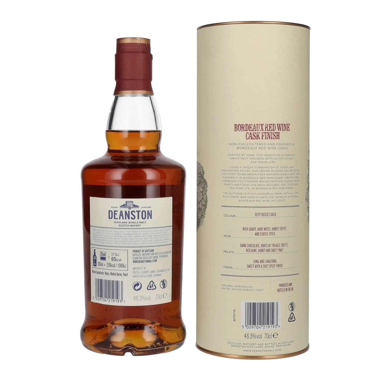 Deanston 10 Years Old Highland Single Malt Bordeaux Red Wine Cask Finish 46,3% Vol. 0,7l in gift box