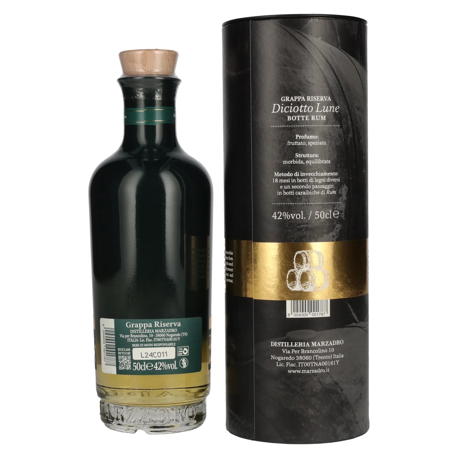 Marzadro DICIOTTO Lune Grappa Riserva Botte Rum 42% Vol. 0,5l in Geschenkbox