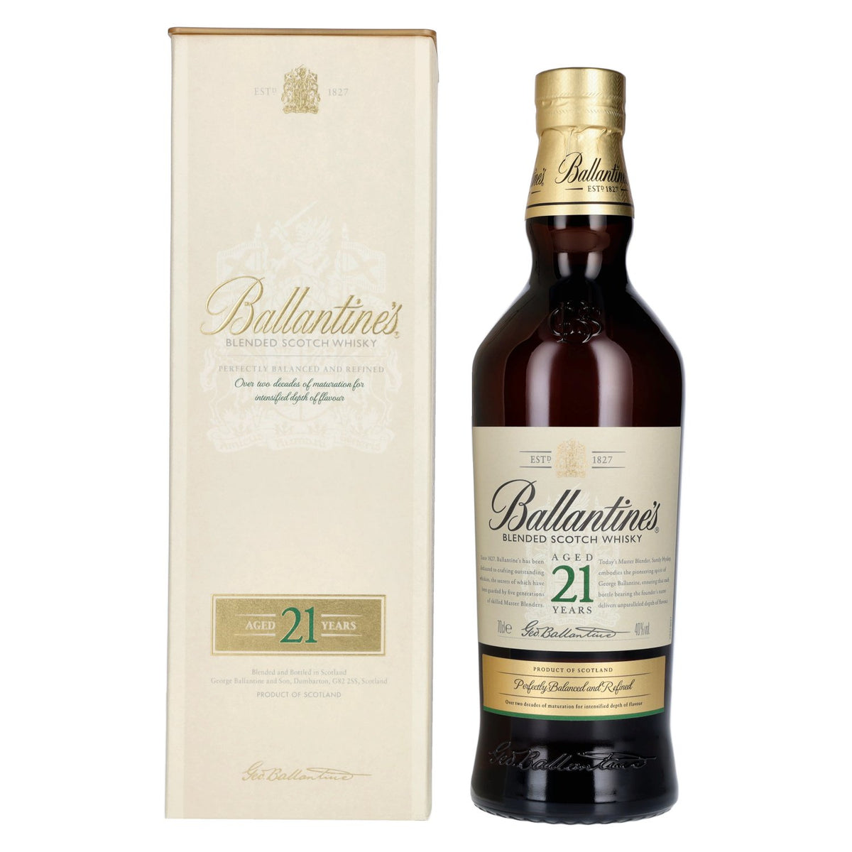 Ballantine's 21-Year-Old Blended Scotch Whisky, 40% ABV, 0.7 litres, in a gift box