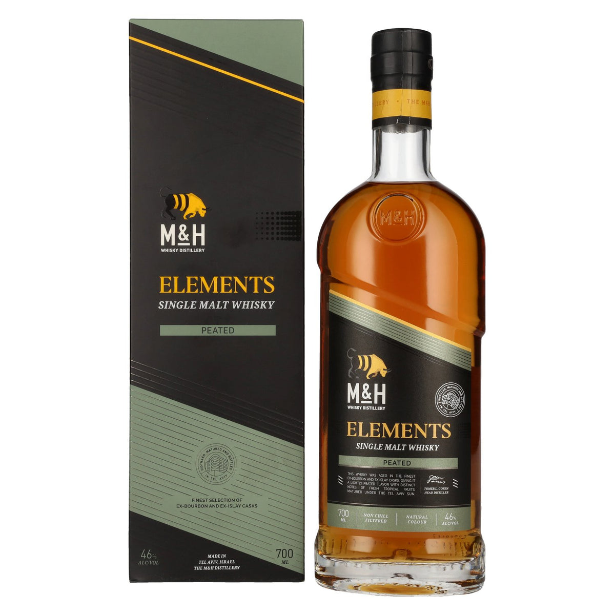 M&amp;H ELEMENTS Peated Single Malts Whisky 46% vol. 0,7l en boîte cadeau