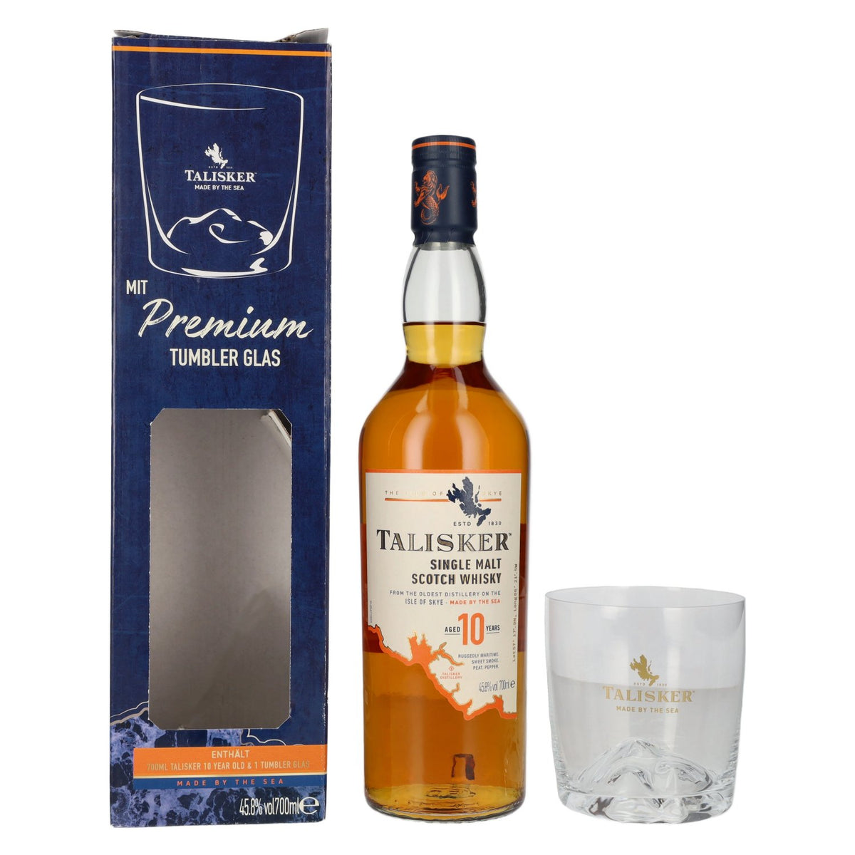 Talisker 10 Years Old Single Malt Scotch Whisky 45.8% ABV, 0.7 litres, in a gift box with a tumbler glass