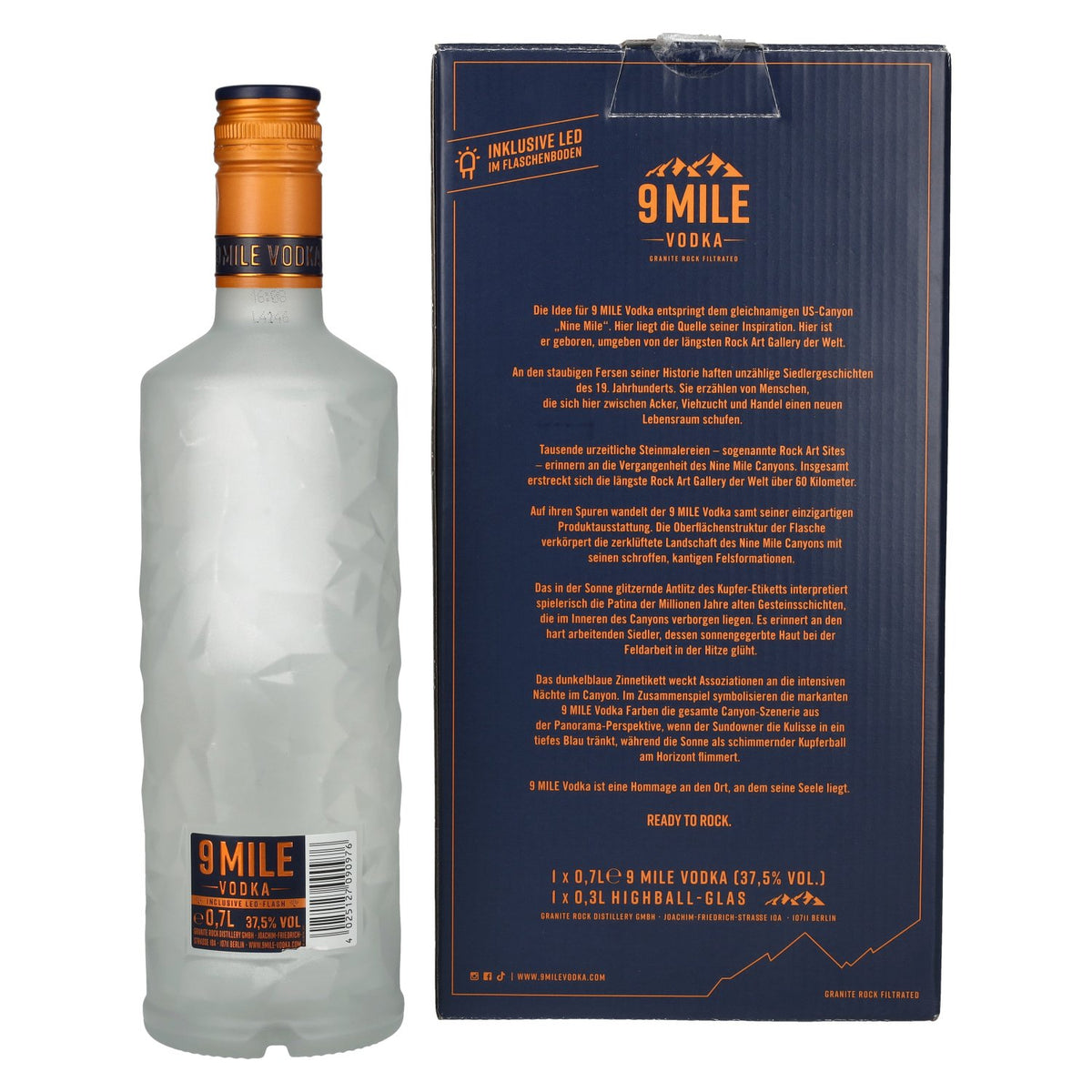 9 Mile Vodka 37.5% ABV, 0.7 litres, in a gift box with a glass