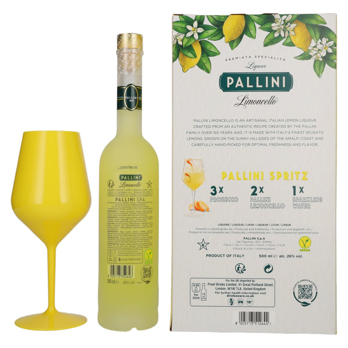 Pallini Limoncello Liqueur 26% ABV, 0.5 litres, in a gift box with a glass