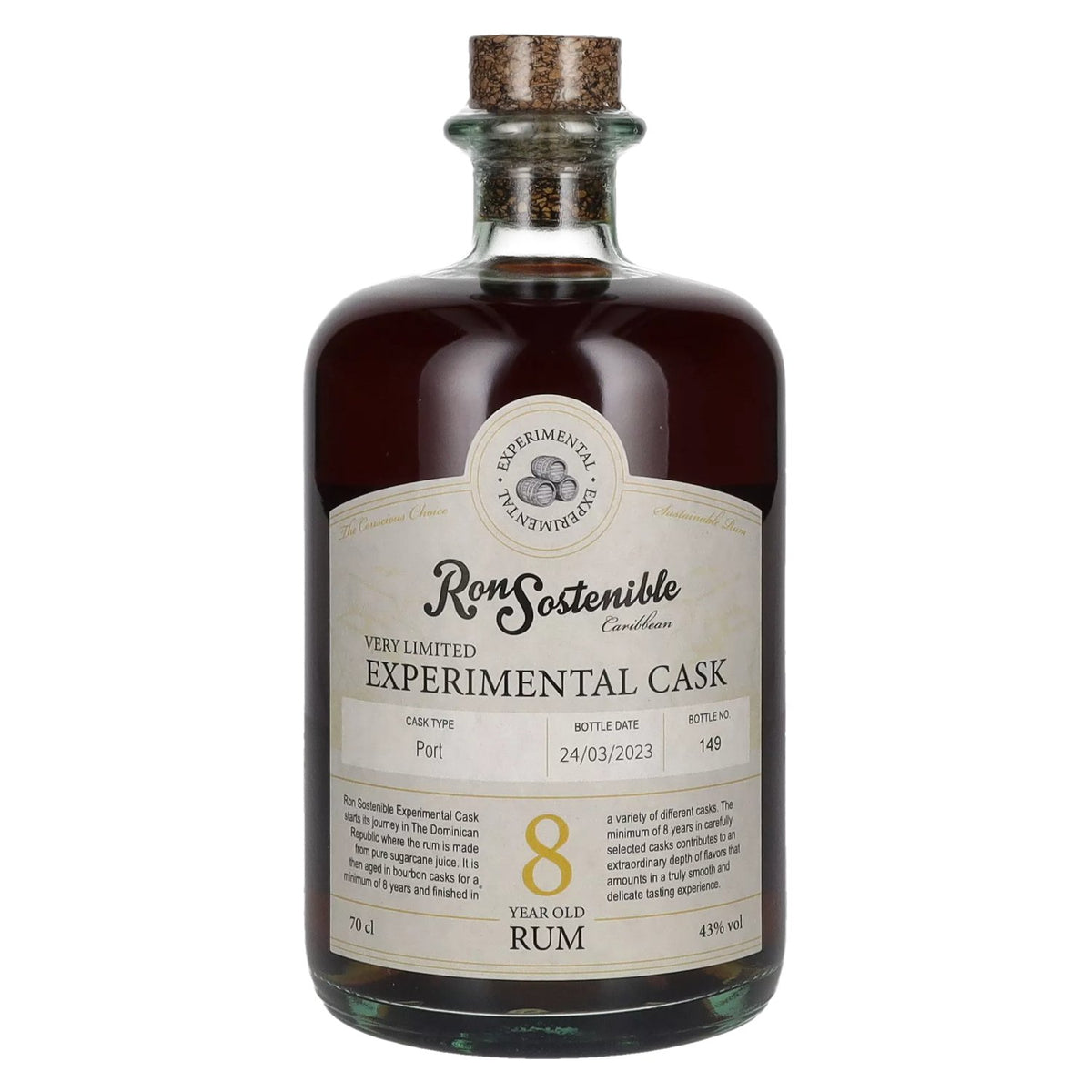 Ron Sostenible 8 ans d'âge, Old Port expérimental en fût, 43 % vol., 0,7 l
