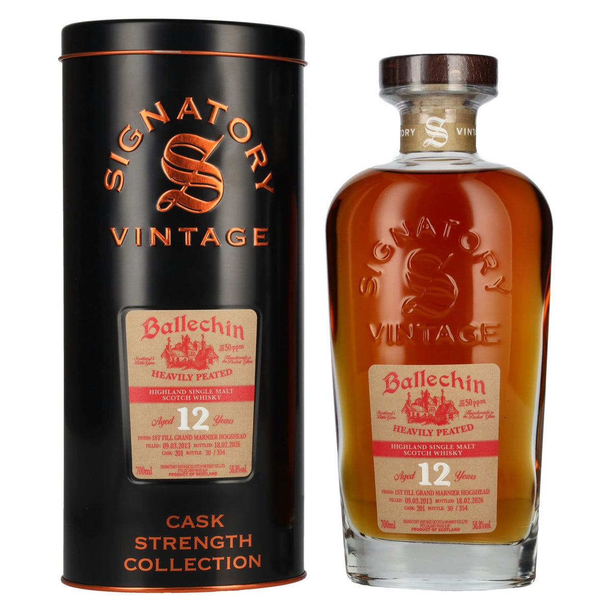 Signatory Vintage BALLECHIN 12 ans d'âge, brut de fût, premier remplissage Grand Marnier n° 201, 2013, 58,8 % vol., 0,7 l dans une boîte en fer-blanc