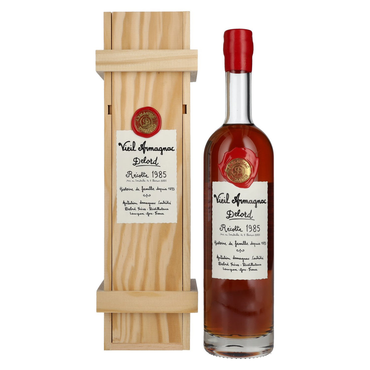 Vieil Armagnac Delord Vintage Récolte 1985 40% vol. 0,7l dans une caisse en bois