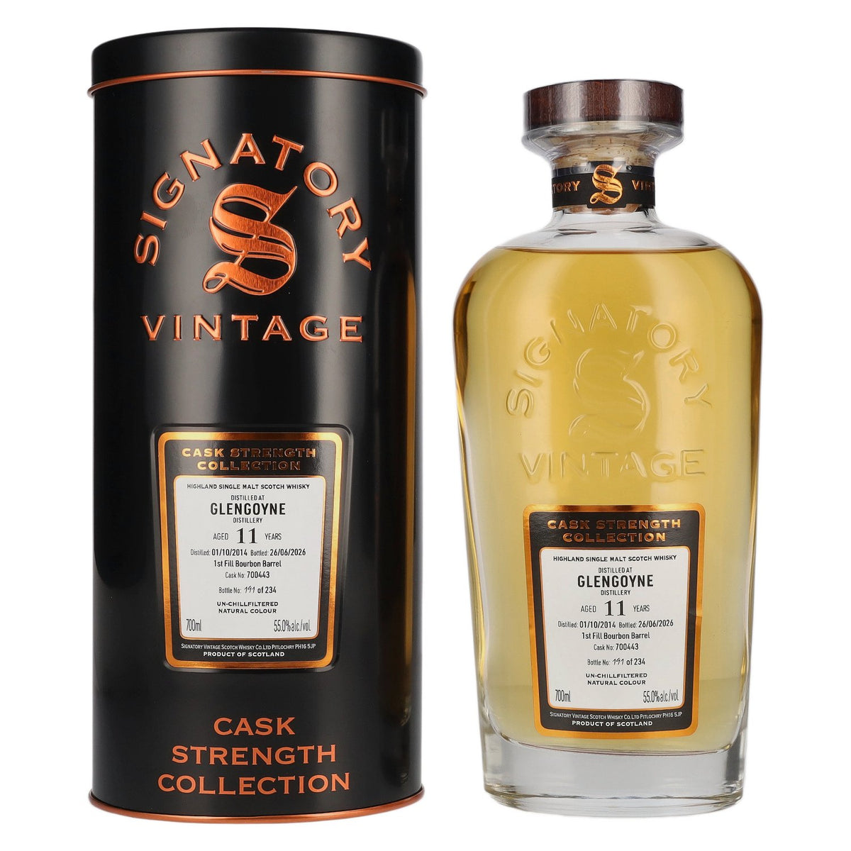 Signatory Vintage Glengoyne 11 ans d'âge, fût de bourbon de premier remplissage, brut de fût n° 700443, 2014, 55 % vol., 0,7 l, dans un coffret en fer-blanc