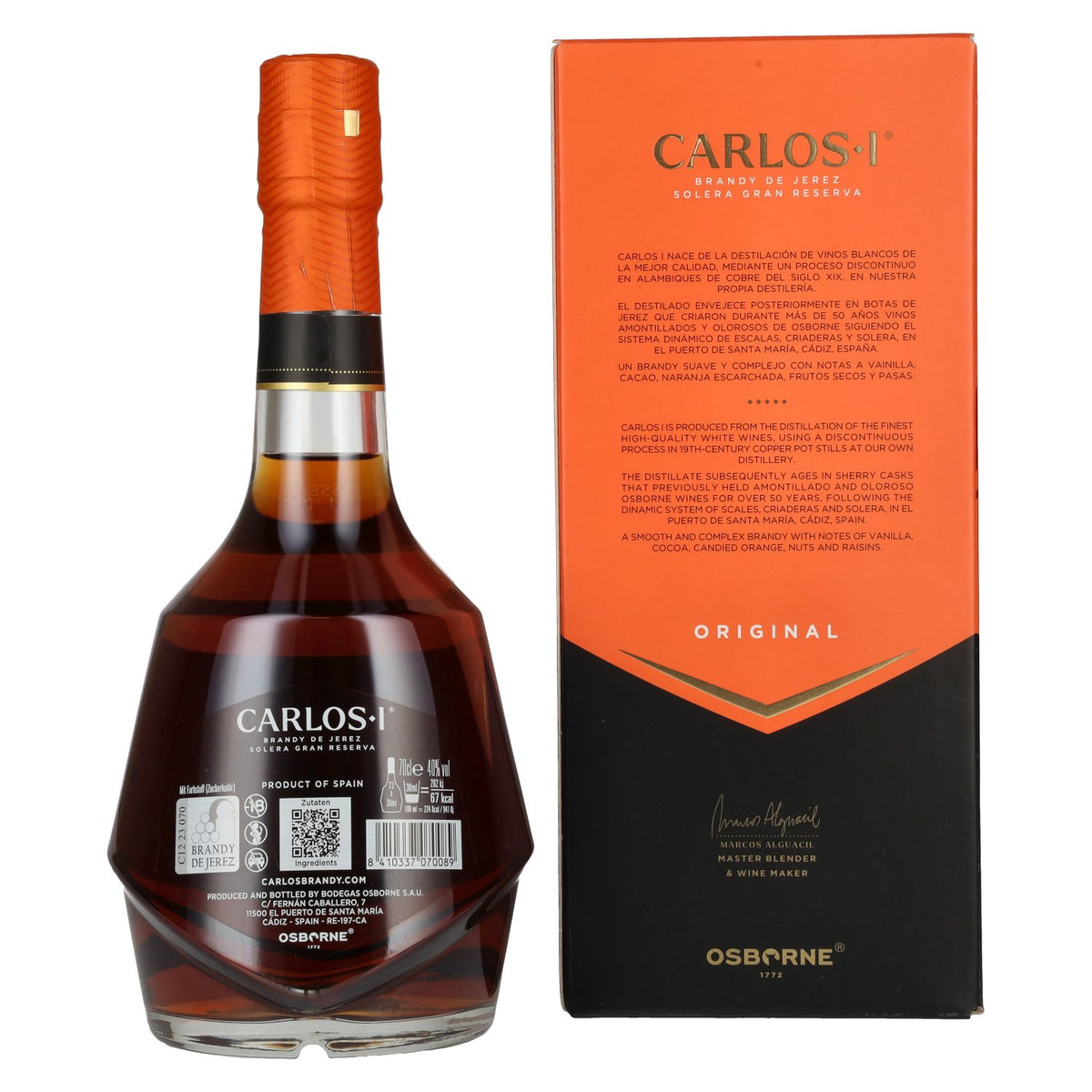 Carlos I Brandy de Jerez Original Solera Gran Reserva Sherry Casks 40% Vol. 0,7l in Geschenkbox