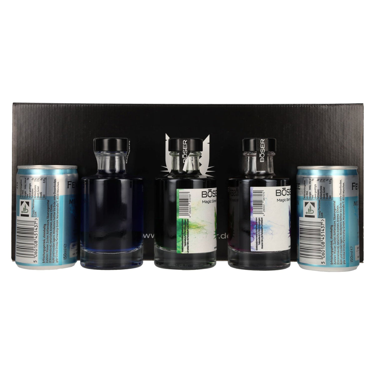 BÖSER KATER Farbwechsel Gin Tasting Set 40% Vol. 3x0,1l in Geschenkbox mit 2 Dosen Fever-Tree Mediterranean Tonic Water