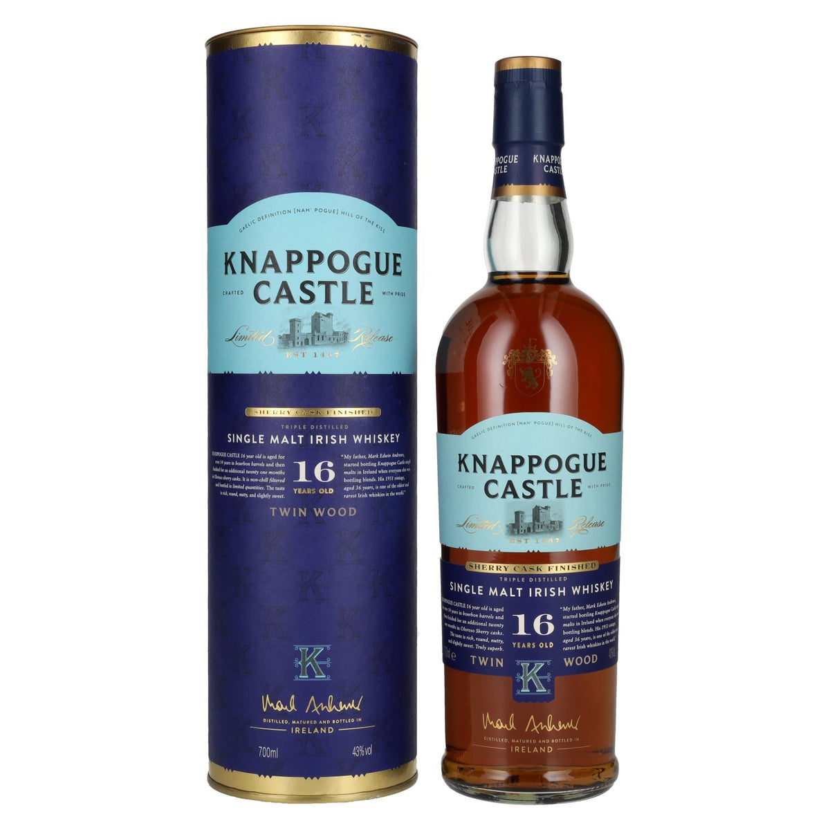 Knappogue Castle 16 ans d'âge TWIN WOOD SHERRY CASK FINISHED 43 % vol. 0,7 l dans un coffret cadeau
