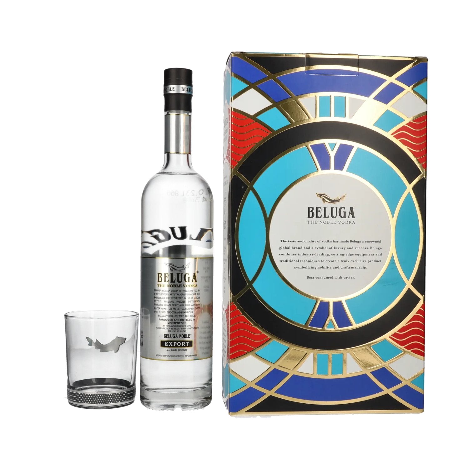 Beluga Noble Vodka EXPORT Montenegro 40% Vol. 0,7l in Geschenkbox mit Glas
