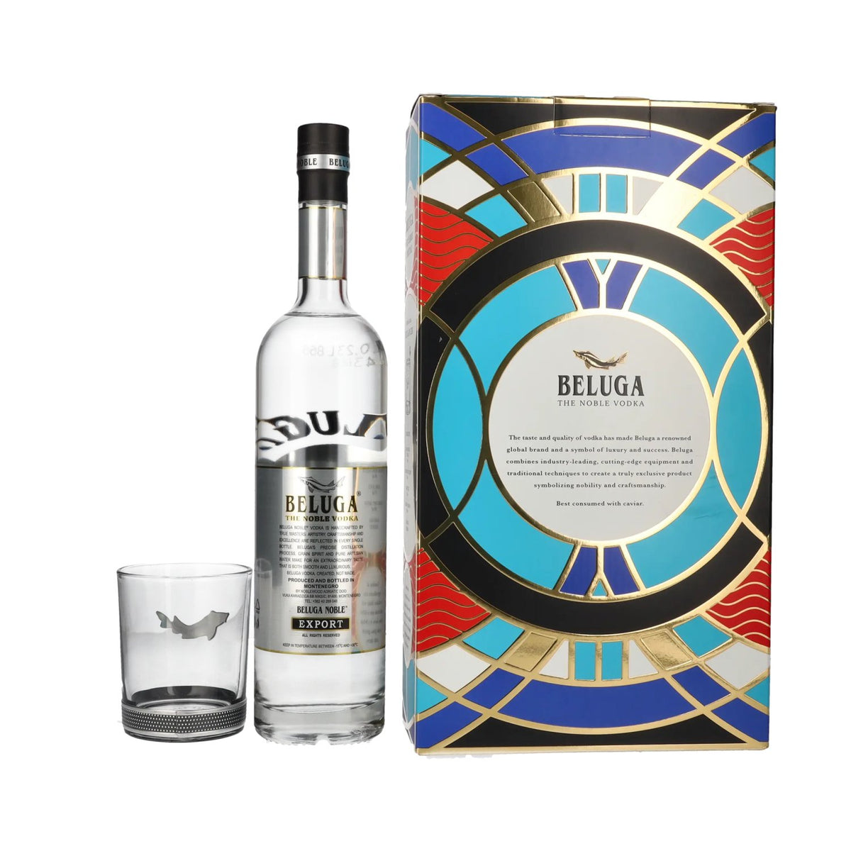 Beluga Noble Vodka EXPORT Montenegro 40% Vol. 0,7l in Geschenkbox mit Glas