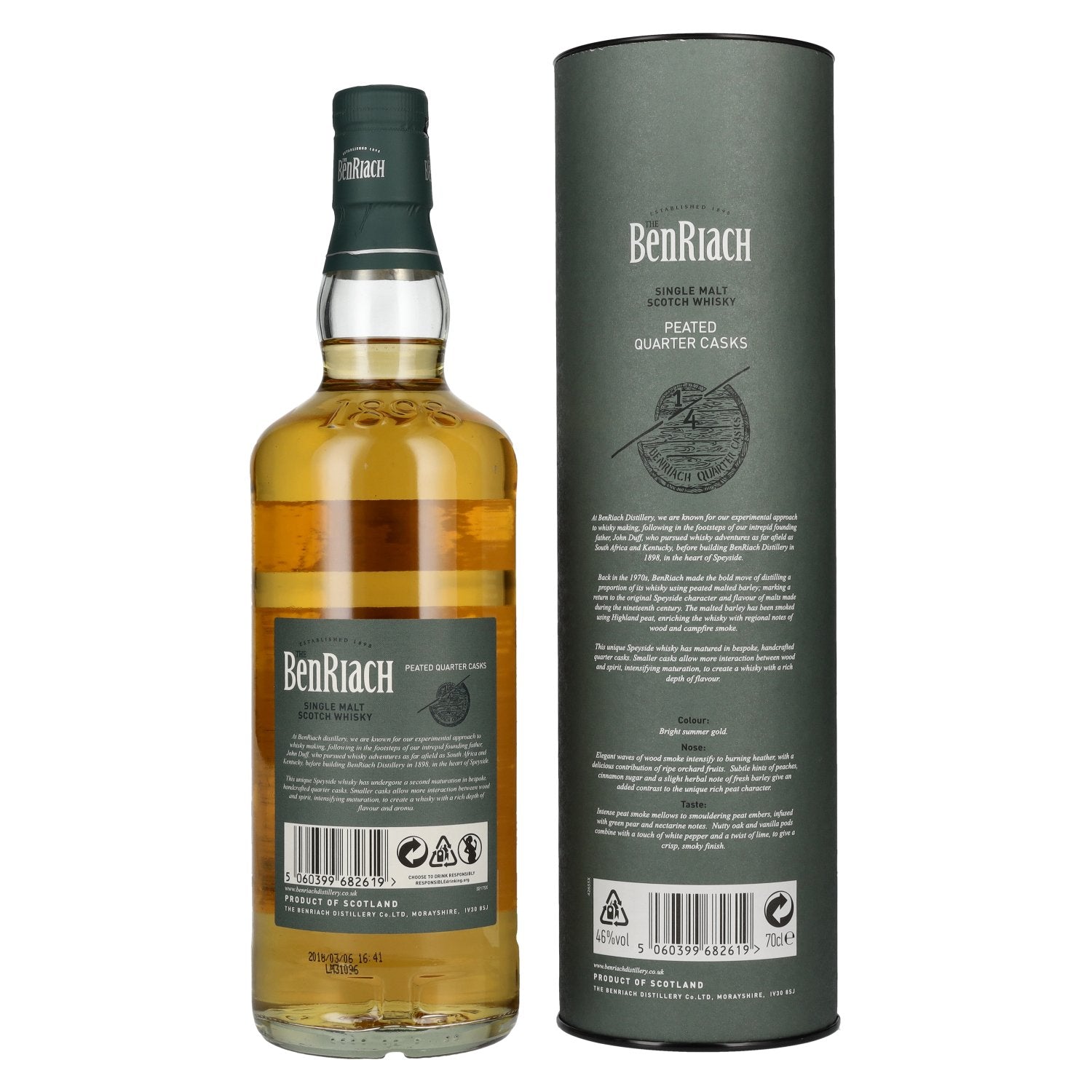 The BenRiach PEATED QUARTER CASKS Single Malt Scotch Whisky 46% Vol. 0,7l en coffret cadeau