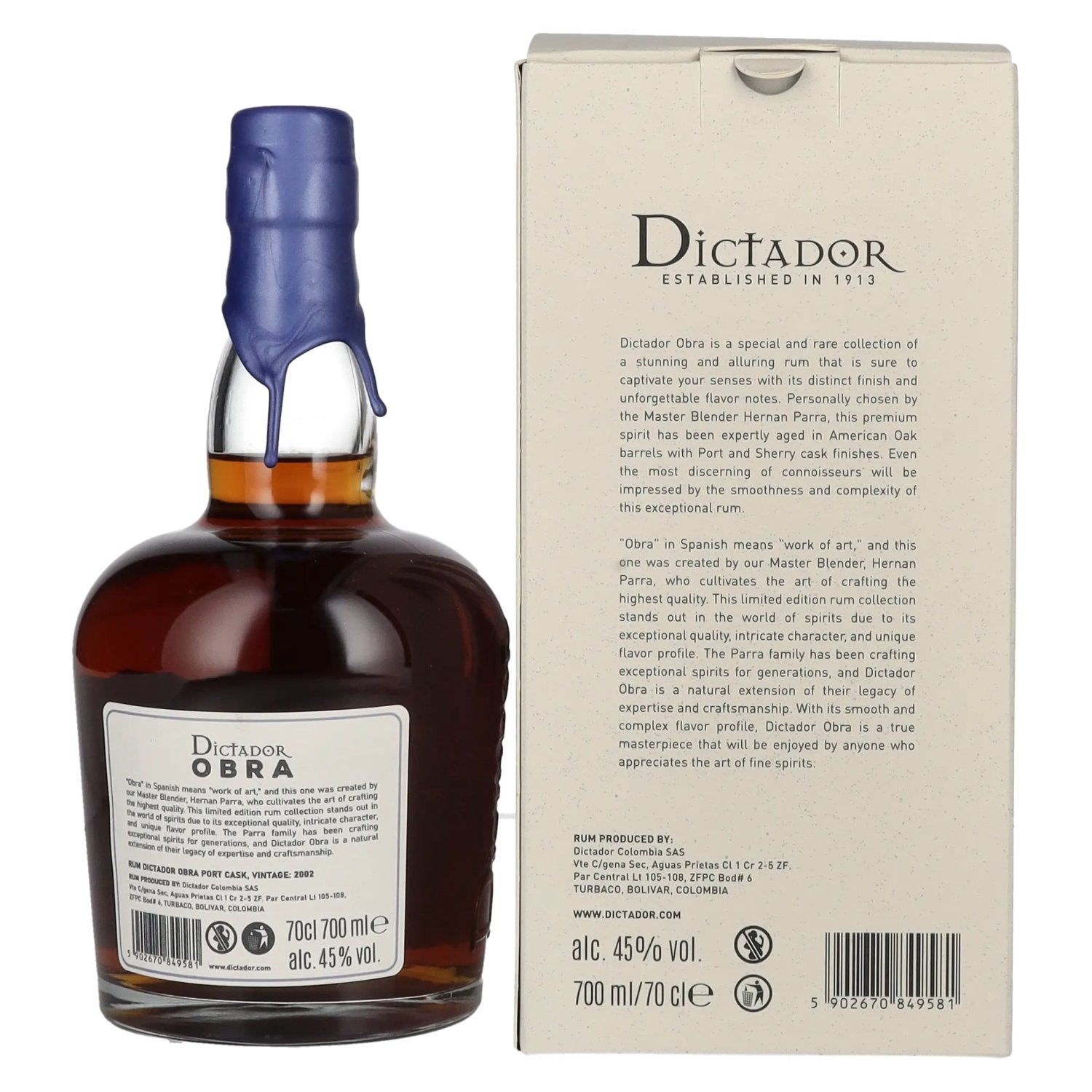 Dictador OBRA VINTAGE 21 Years Old PORT CASK Rum 2002 45% Vol. 0,7l in Geschenkbox