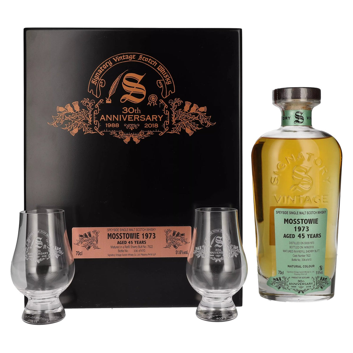 Signatory Vintage MOSSTOWIE 45 ans d'âge, 30e anniversaire, 1973, 51,6 % vol., 0,7 l, dans un coffret en bois avec 2 verres