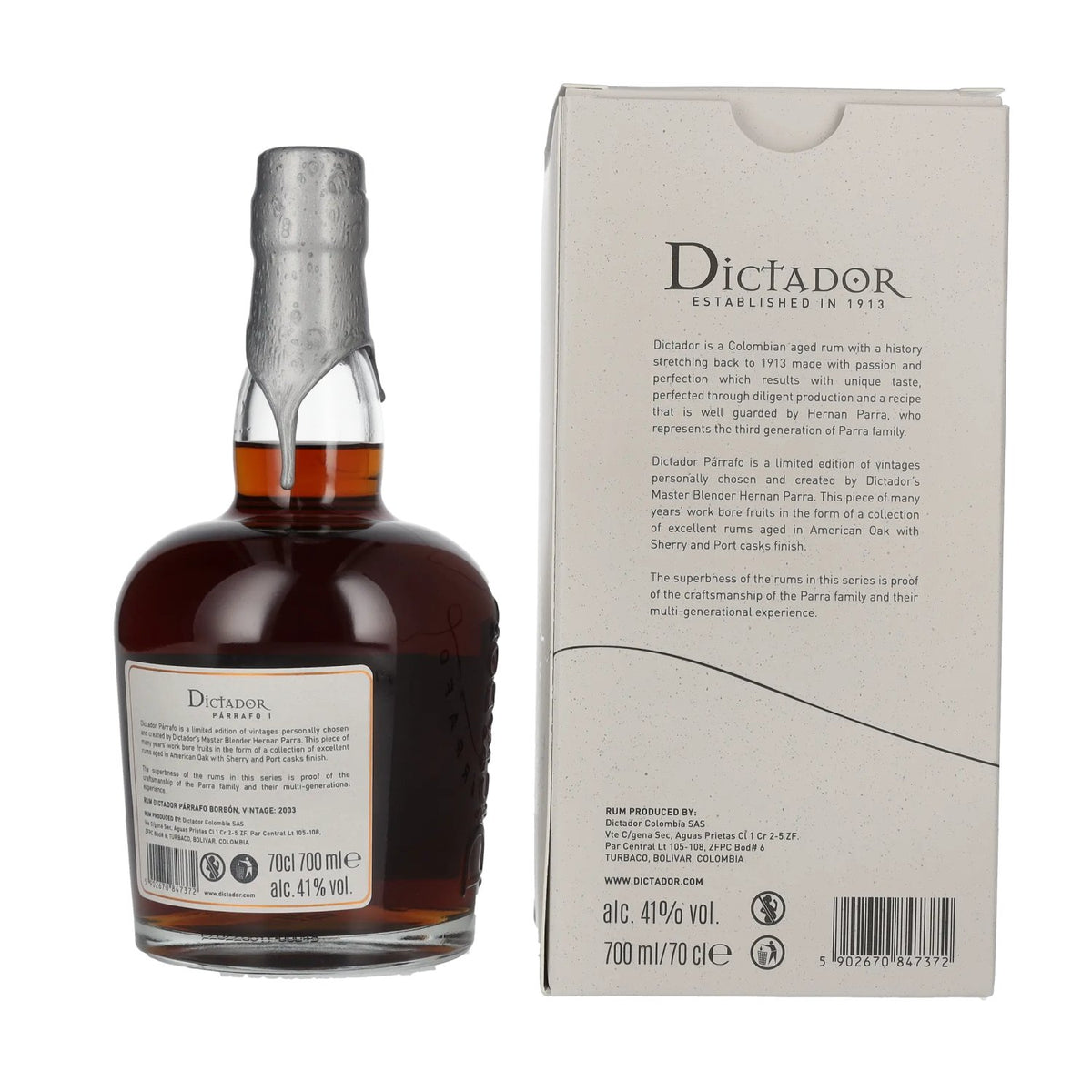 Dictador PÁRRAFO I 19 Years Old BORBÓN Vintage 2003 41% Vol. 0,7l en coffret cadeau