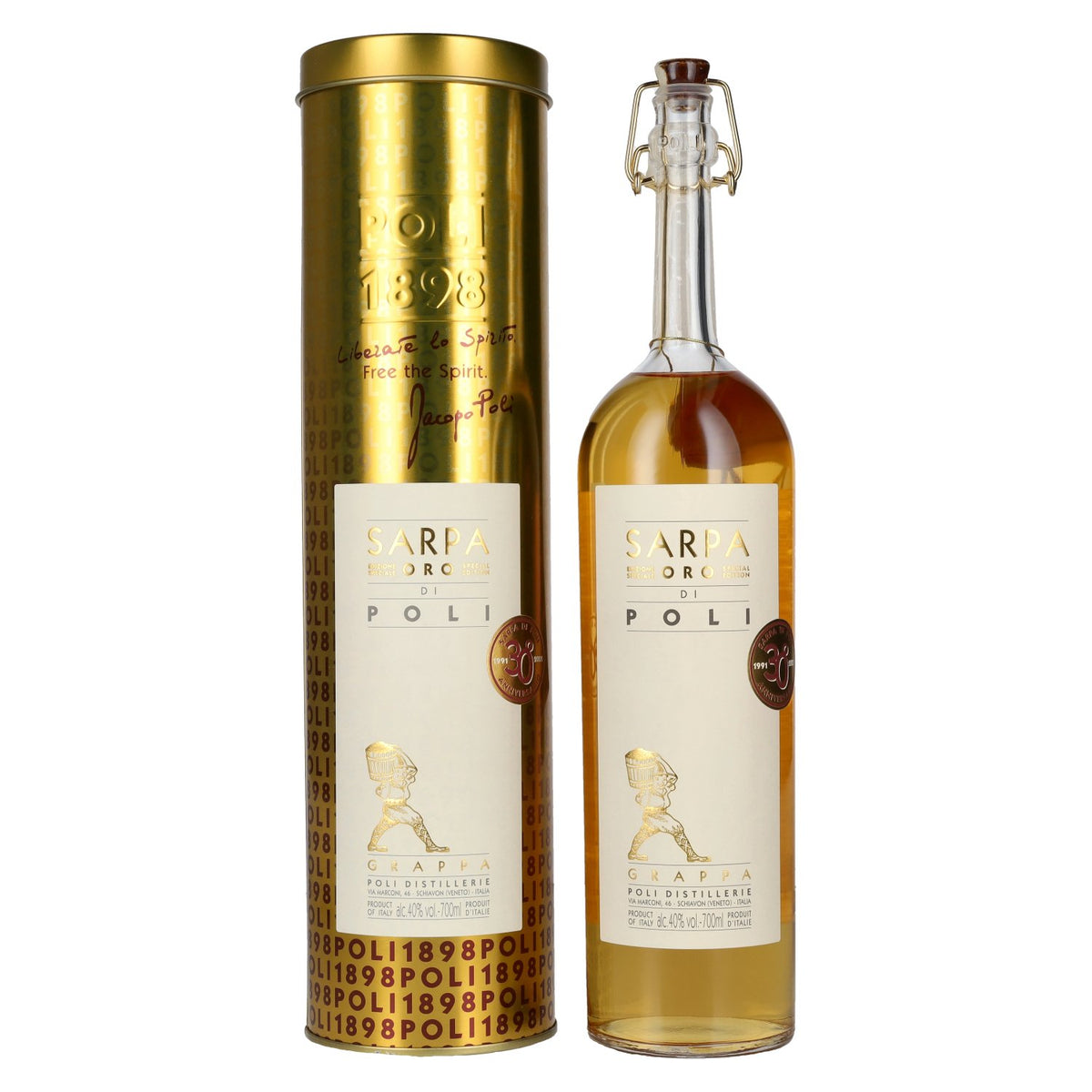 Poli Grappa Sarpa Oro di Poli 40% Vol. 0,7l en Tinbox