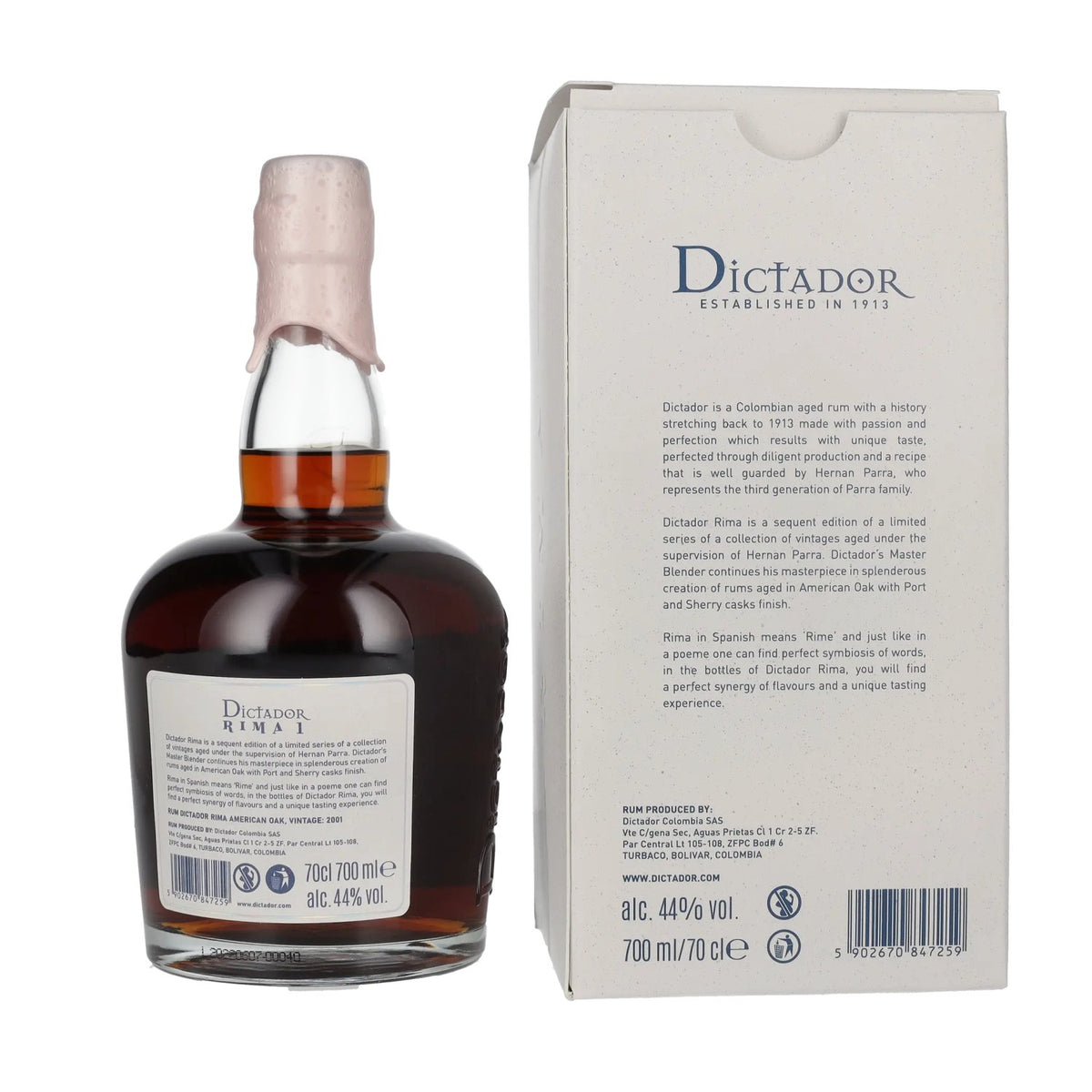 Dictador RIMA 1 21 Years Old AMERICAN OAK Cask Vintage 2001 44% Vol. 0,7l en boîte cadeau