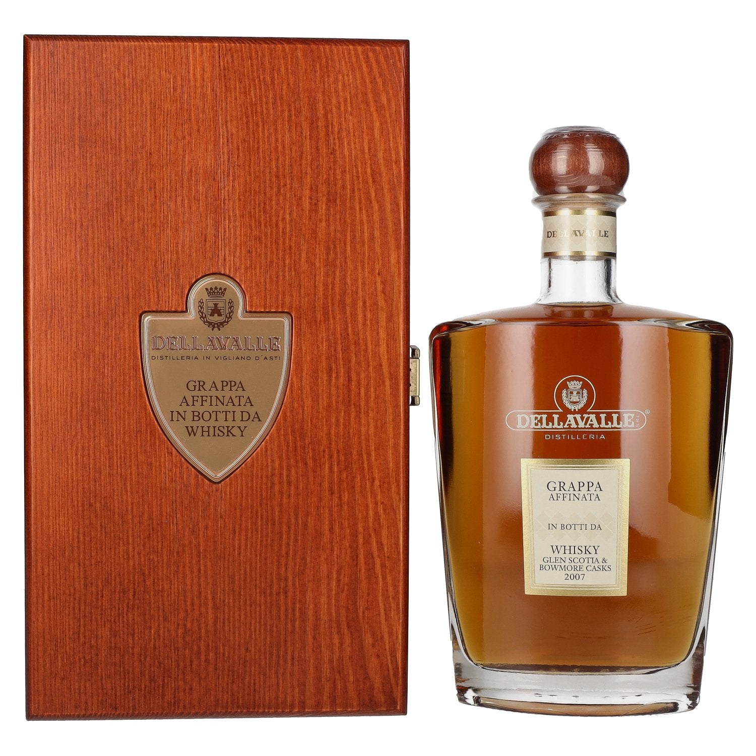 Dellavalle Grappa Affinata in botti da WHISKY Glen Scotia &amp; Bowmore Casks 2007 42% vol. 0,7l en caisse bois