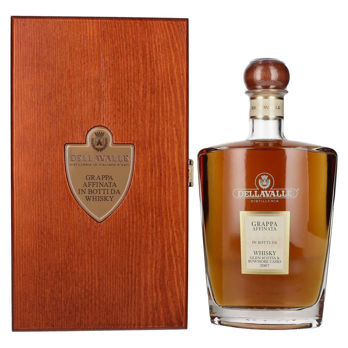 Dellavalle Grappa Affinata in botti da WHISKY Glen Scotia &amp; Bowmore Casks 2007 42% vol. 0,7l en caisse bois