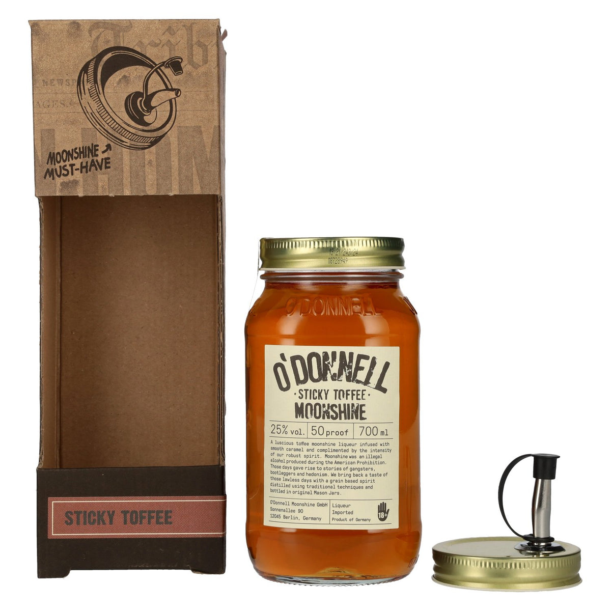 O'Donnell Moonshine STICKY TOFFEE Liqueur 25% vol. 0,7l en boîte cadeau avec bec verseur